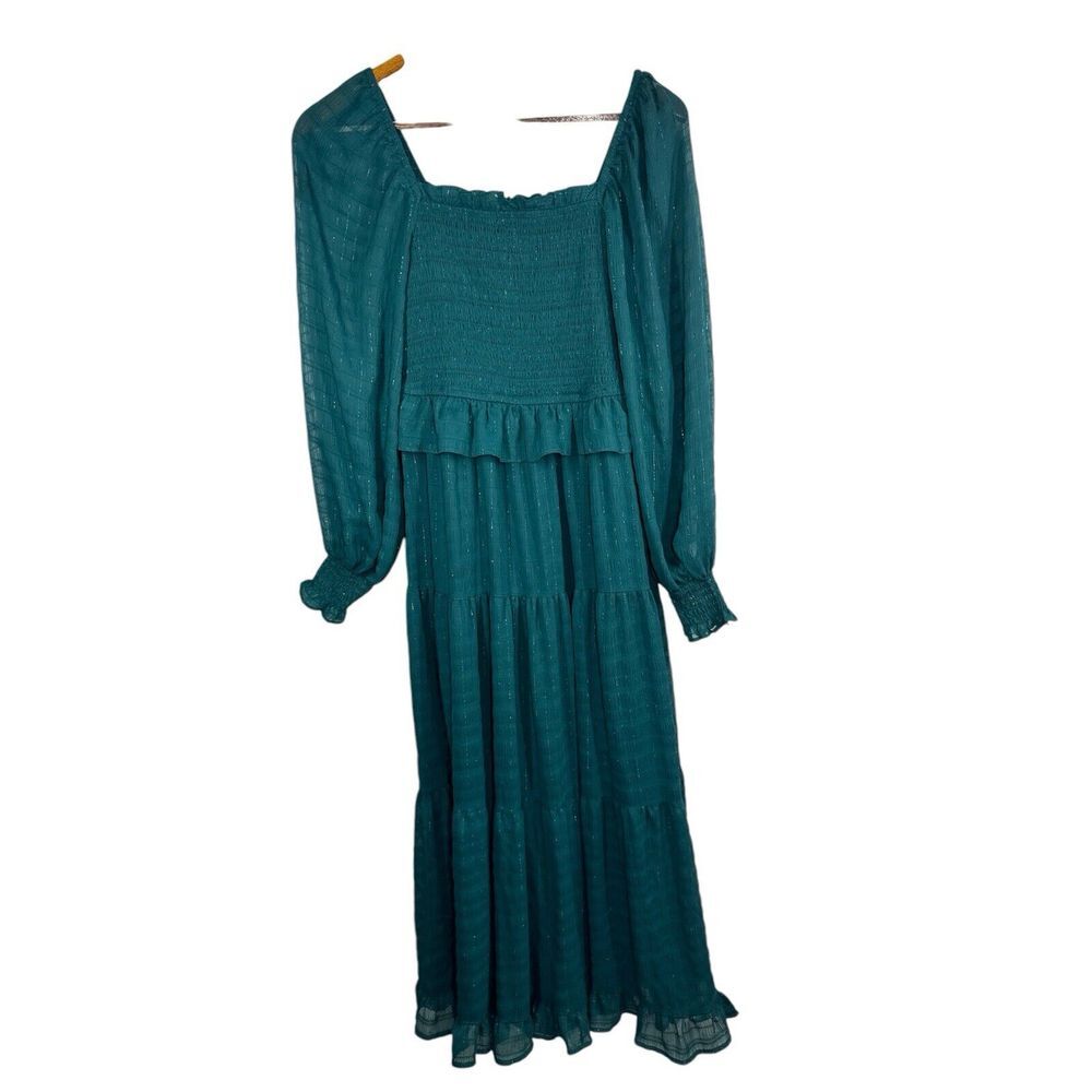 Moon River Womens Green‎  Puff Sleeve Smocked Ruffled Maxi Dress Size XS